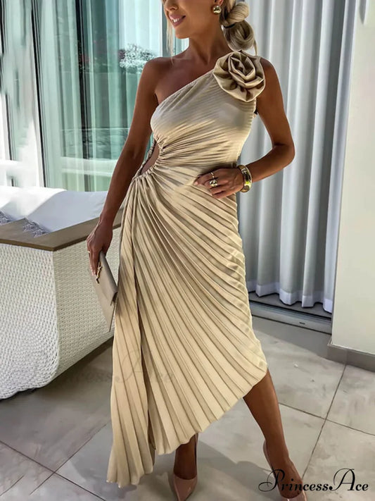 Romantic Night Guilloche Stretch Hollow Trendy One Shoulder Pleated Maxi Dress Beige / S