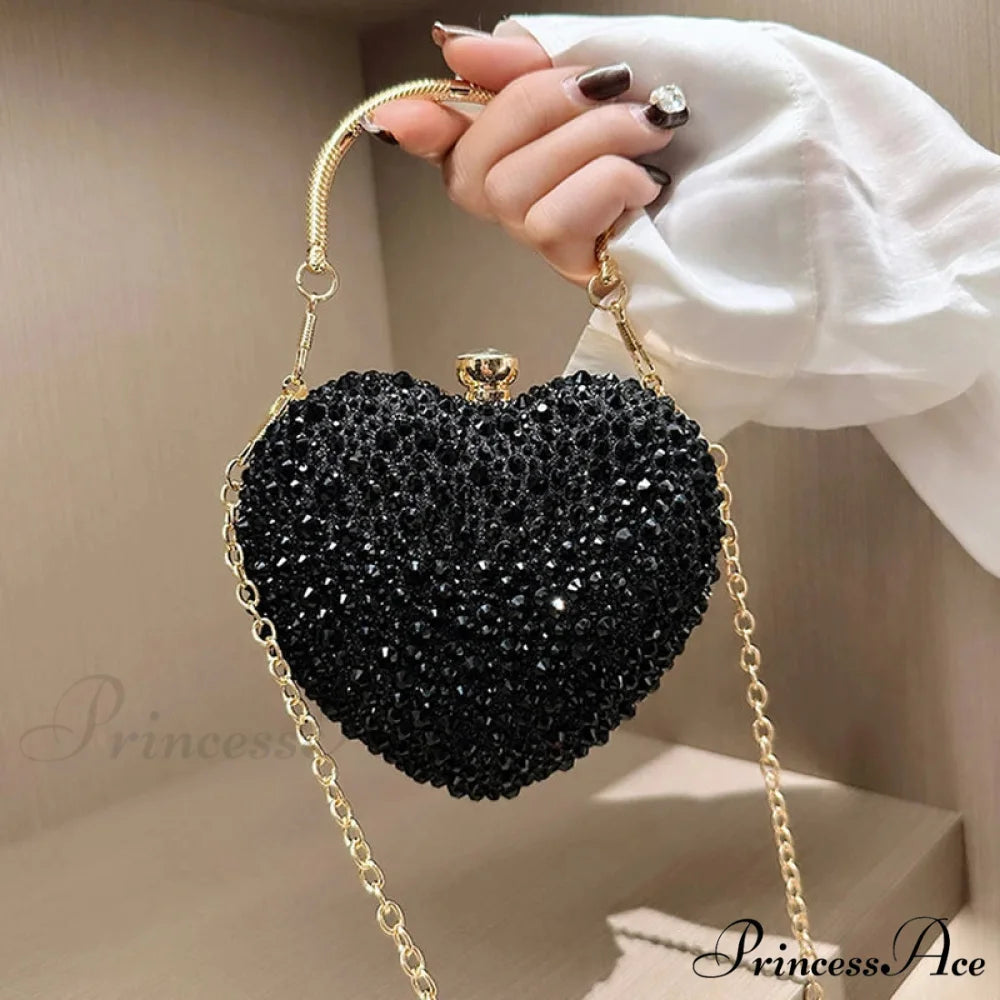Romantic Shape Crystal Rhinestone Evening Clutch Purse Black clutchbag-250126