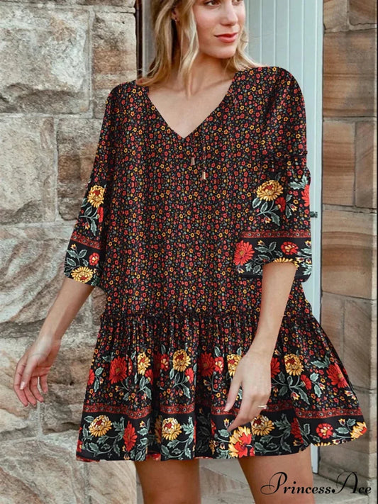 Rope Neck Frills Botanical Pattern Rayon Summer Mini Getaway Boho Dress Black / S bohodress-250126