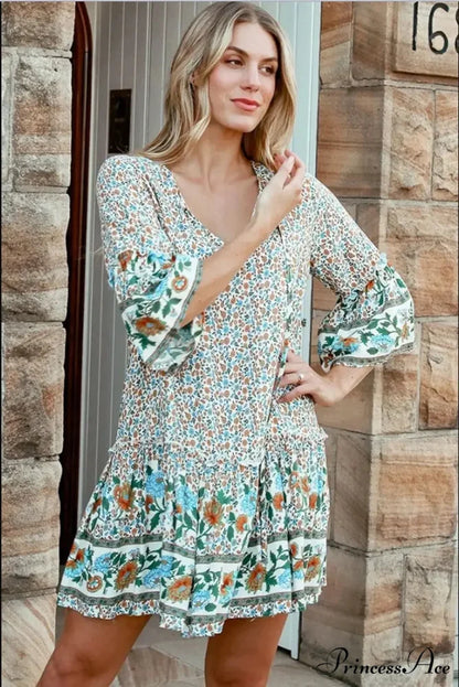 Rope Neck Frills Botanical Pattern Rayon Summer Mini Getaway Boho Dress bohodress-250126