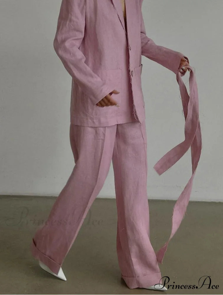 Rose Cotton Lace-Up Broad Trousers Office Two Piece Set officetwopieceset-250223