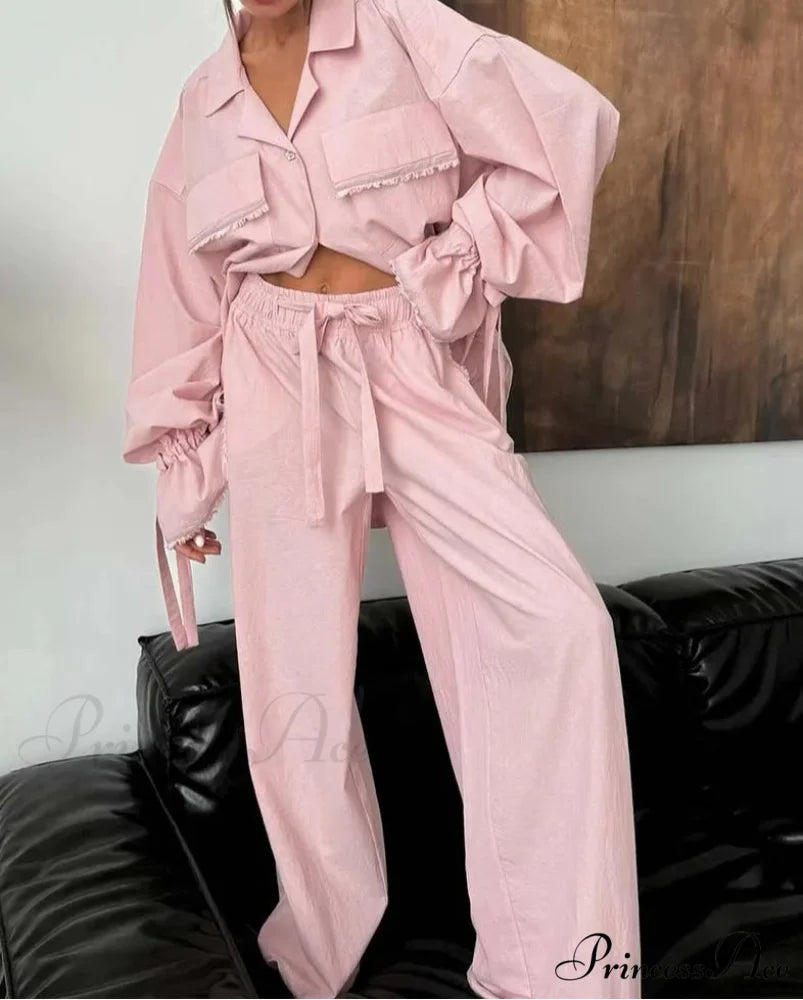 Rose Cotton Lace-Up Drawstring Trousers Workplace Two Piece Set officetwopieceset-250223