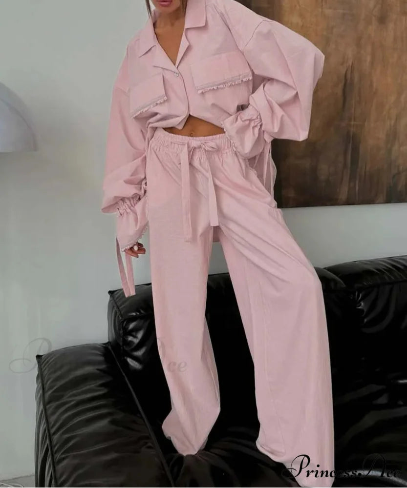 Rose Cotton Lace-Up Drawstring Trousers Workplace Two Piece Set Pink / S officetwopieceset-250223