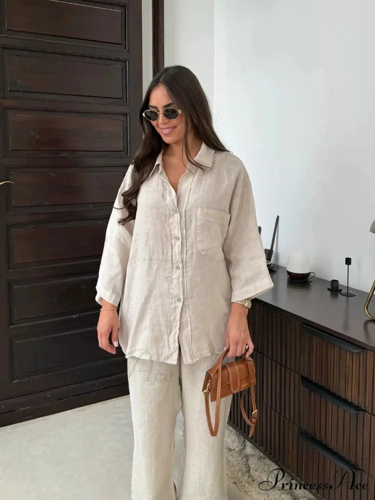 Rose Cotton Linen Baggy Broad Office Two Piece Set White 2 / S officetwopieceset-250223