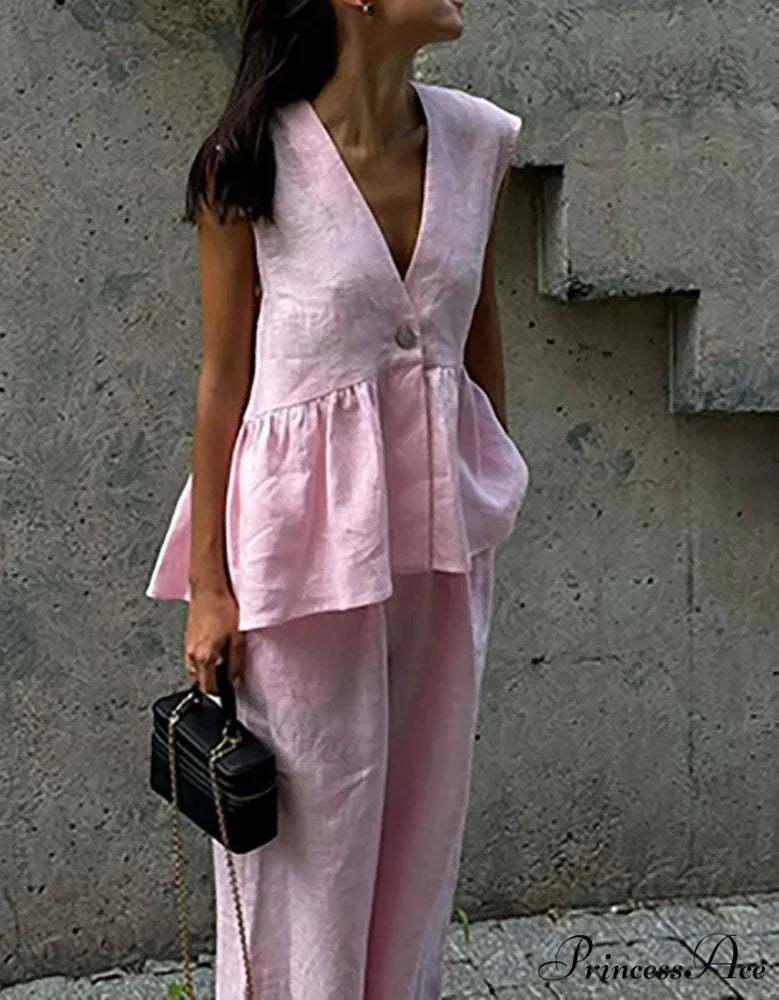 Rose Cotton Profound Plunge-Neck Trousers Office Two Piece Set officetwopieceset-250223