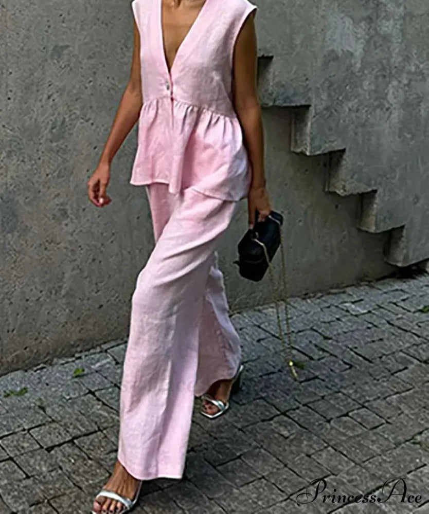 Rose Cotton Profound Plunge-Neck Trousers Office Two Piece Set Pink / S officetwopieceset-250223
