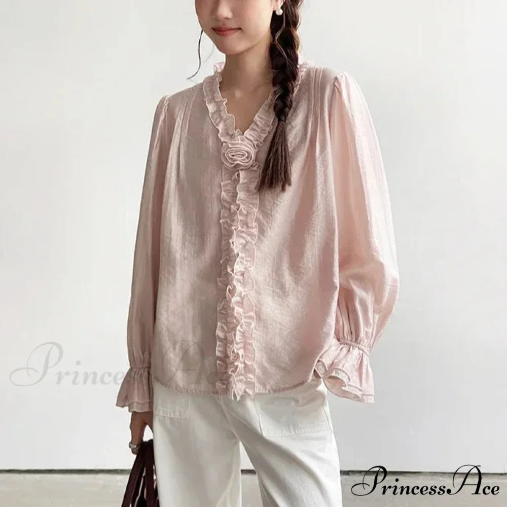 Rose Cotton Rayon Informal Extended Sleeve V-Neck Bohemian Top bohoblouse-250126