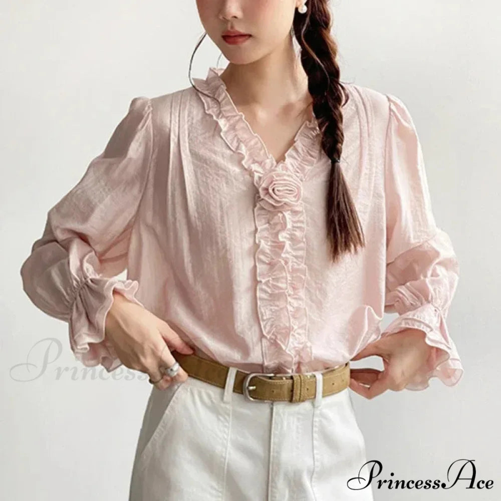 Rose Cotton Rayon Informal Extended Sleeve V-Neck Bohemian Top bohoblouse-250126