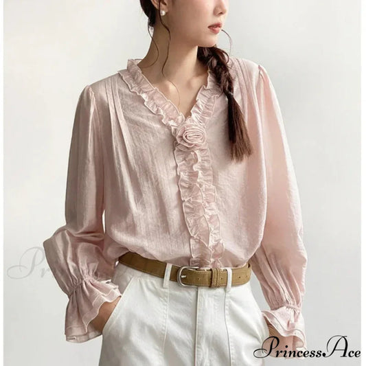 Rose Cotton Rayon Informal Extended Sleeve V-Neck Bohemian Top Pink / One Size bohoblouse-250126