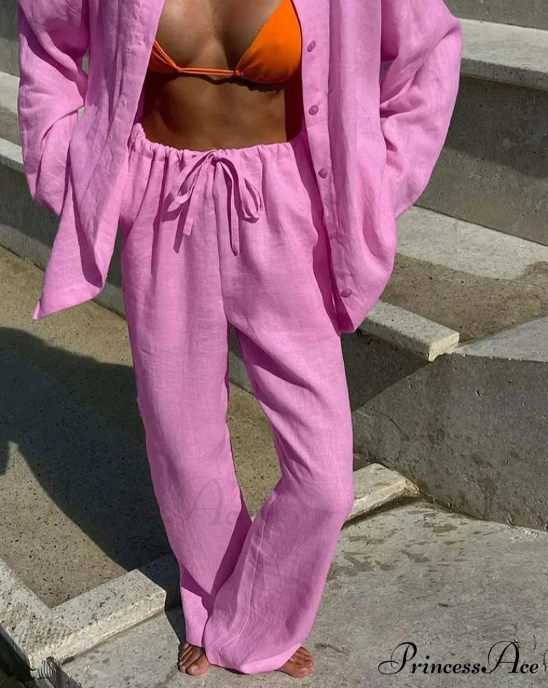 Rose Cotton Single Buttoned Pants Workplace Two Piece Set Pink / S officetwopieceset-250223