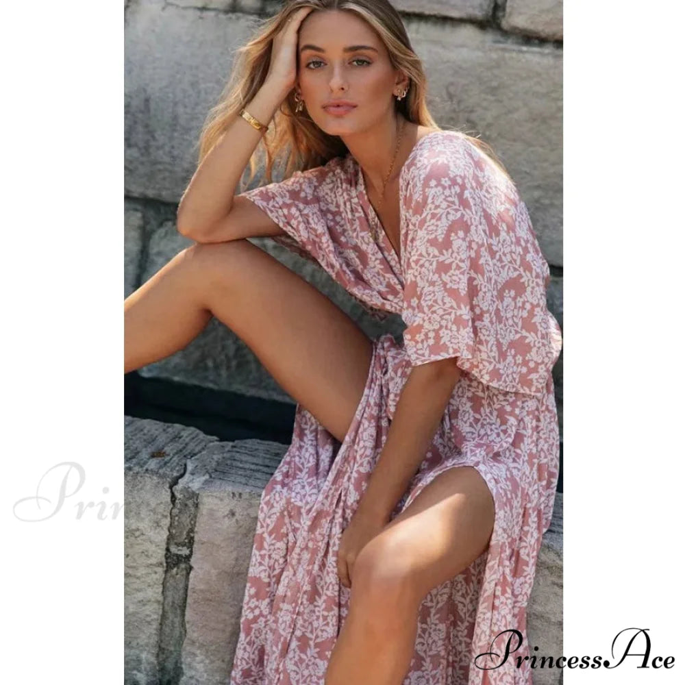 Rose Floral Maxi Dress Seductive Deep V-neck Side Split Boho Dress bohodress-250126