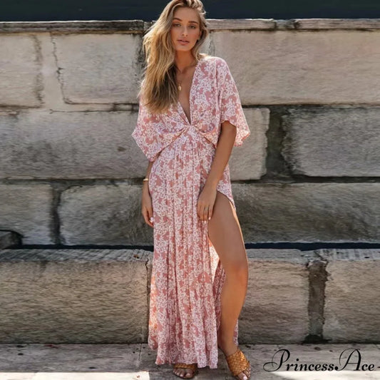 Rose Floral Maxi Dress Seductive Deep V-neck Side Split Boho Dress bohodress-250126