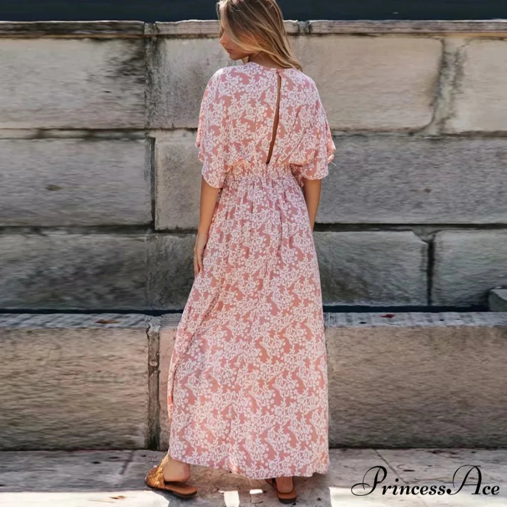 Rose Floral Maxi Dress Seductive Deep V-neck Side Split Boho Dress bohodress-250126