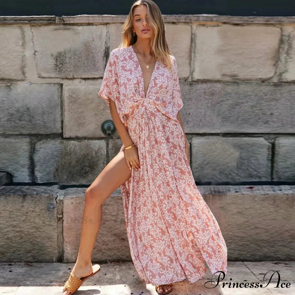 Rose Floral Maxi Dress Seductive Deep V-neck Side Split Boho Dress Pink / S bohodress-250126
