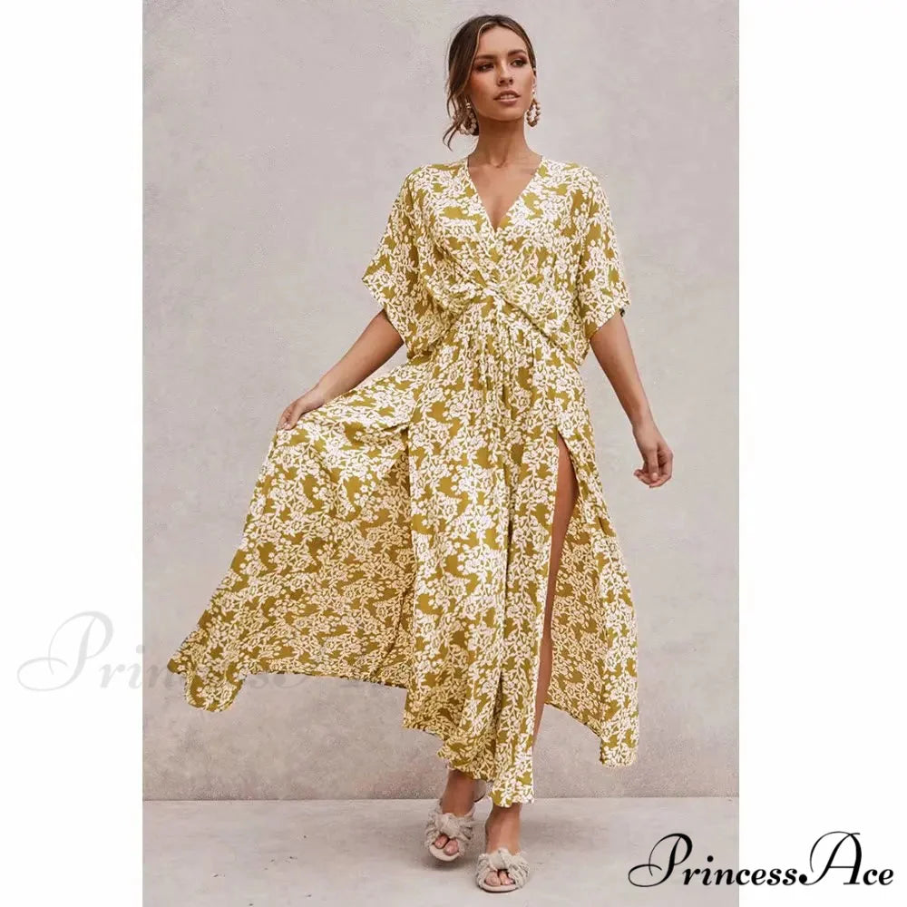 Rose Floral Maxi Dress Seductive Deep V-neck Side Split Boho Dress Yellow / S bohodress-250126