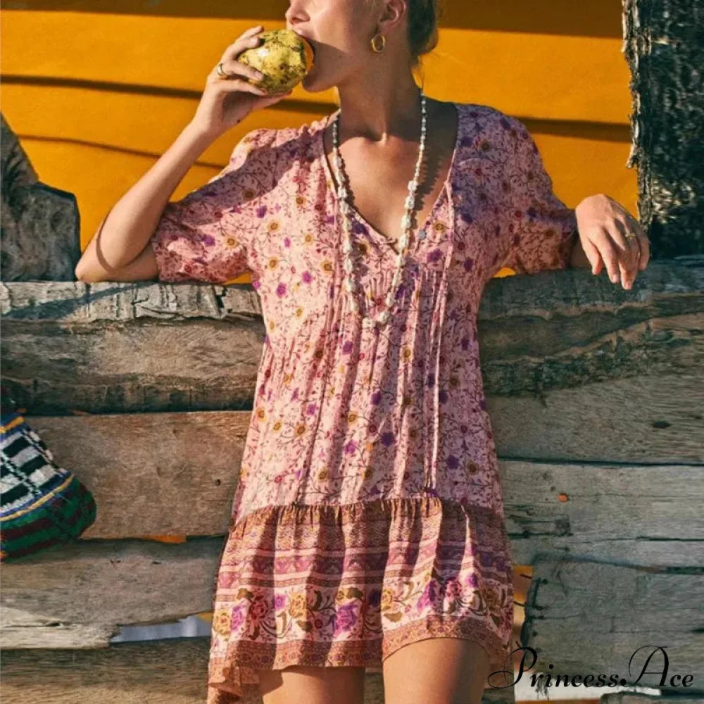 Rose Floral Pattern Robe A-line Mini Dress Women Beach Boho Summer Dress bohodress-250126
