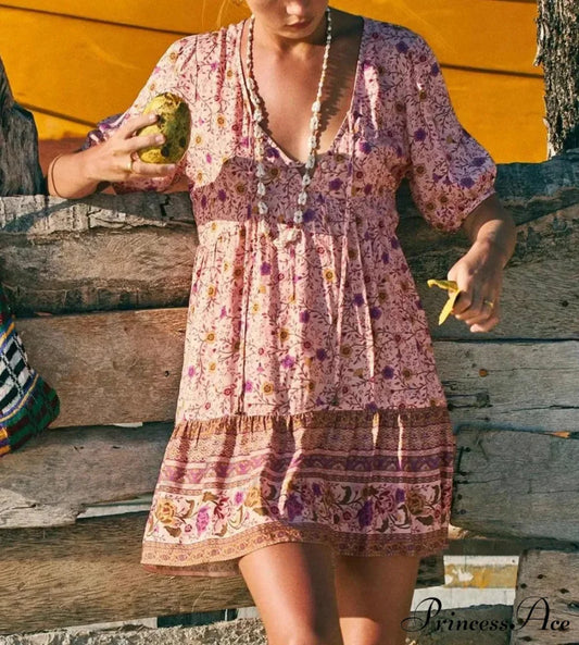 Rose Floral Pattern Robe A-line Mini Dress Women Beach Boho Summer Dress bohodress-250126