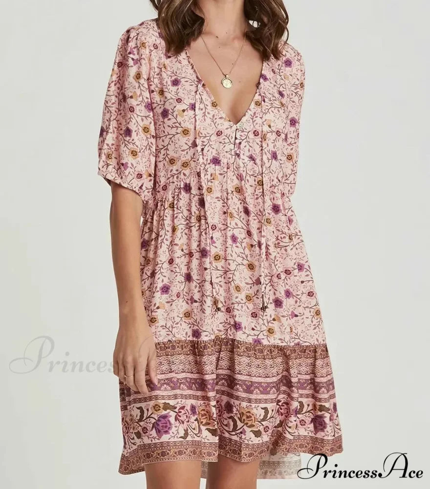 Rose Floral Pattern Robe A-line Mini Dress Women Beach Boho Summer Dress bohodress-250126