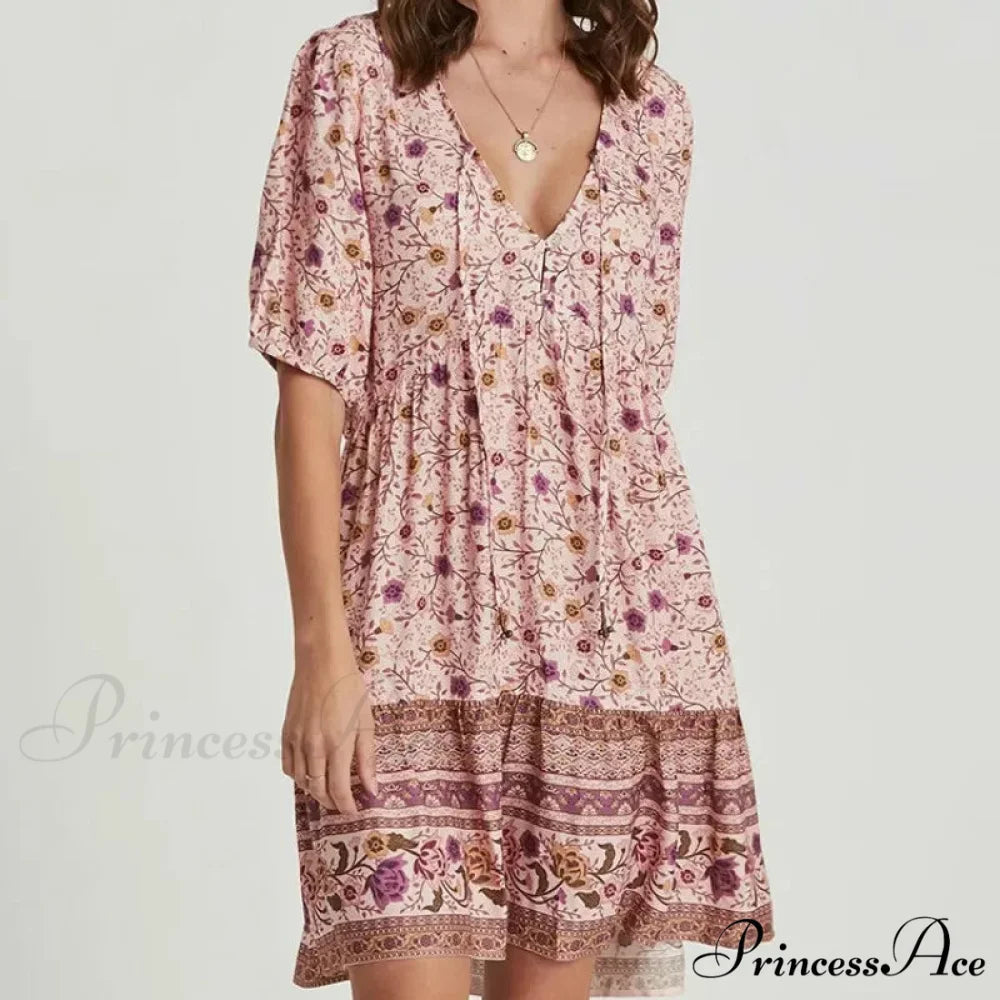 Rose Floral Pattern Robe A-line Mini Dress Women Beach Boho Summer Dress Pink / S bohodress-250126