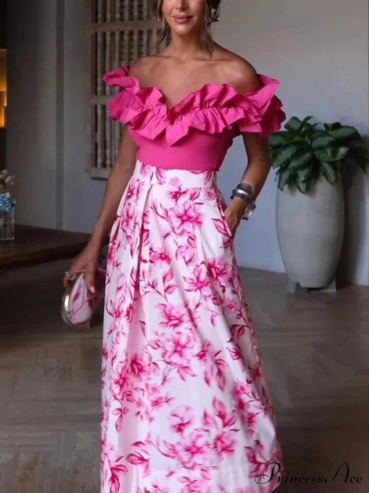 Rose Floral Patterned Informal Flared Skirt Elevated Waist Zip skirt-250126