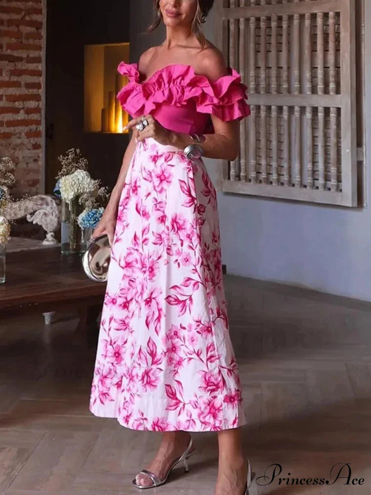 Rose Floral Patterned Informal Flared Skirt Elevated Waist Zip purple / S skirt-250126