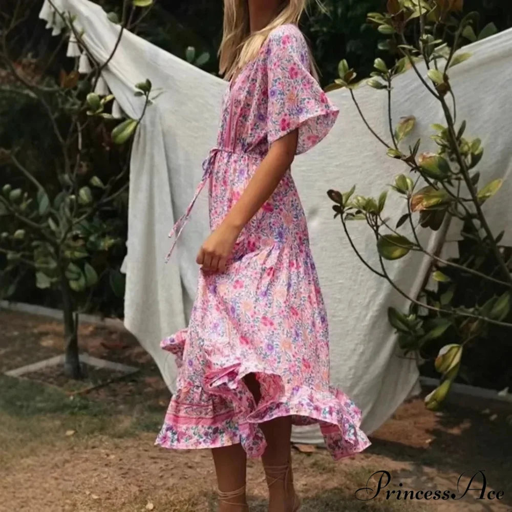 Rose Flower Pattern V-neck Fringe Rayon Holiday Maxi Boho Dress bohodress-250126