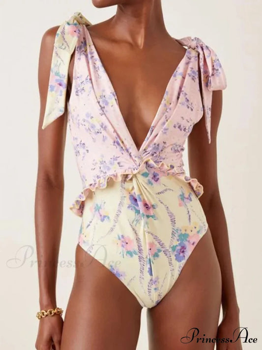 Rose Gold Floral Plunging Neckline Lace Swimsuit Unitary Piece PURPLE / S onepiece-250223
