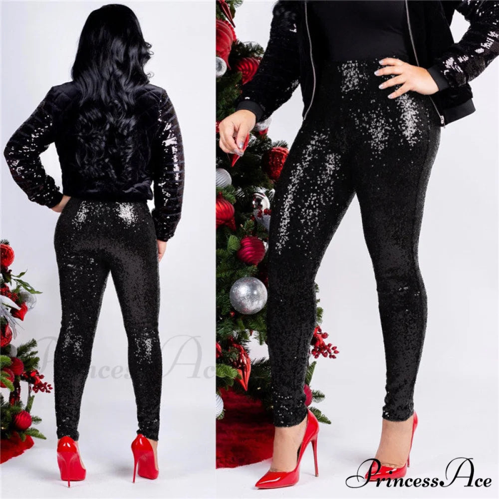 Rose Gold Sequin Slim Shiny Skinny Pencil Pants Black / S