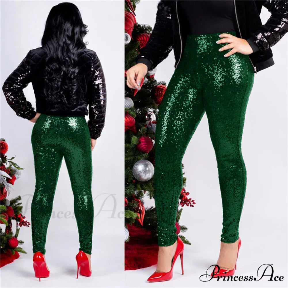 Rose Gold Sequin Slim Shiny Skinny Pencil Pants Green / S