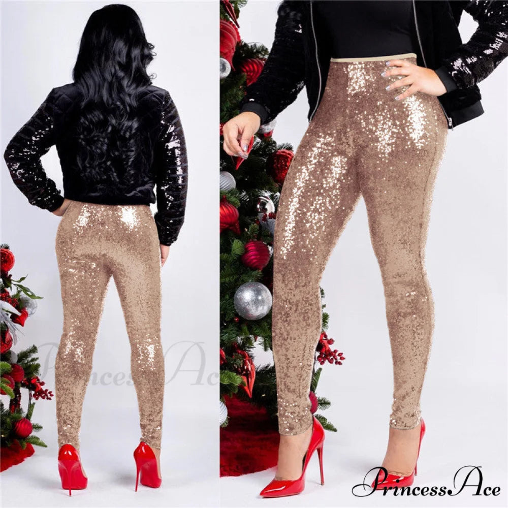 Rose Gold Sequin Slim Shiny Skinny Pencil Pants Khaki / S
