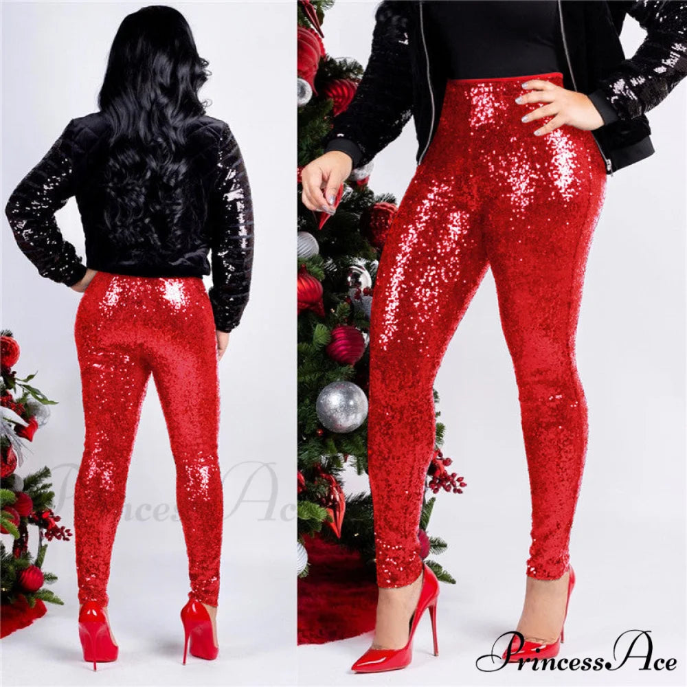 Rose Gold Sequin Slim Shiny Skinny Pencil Pants Red / S