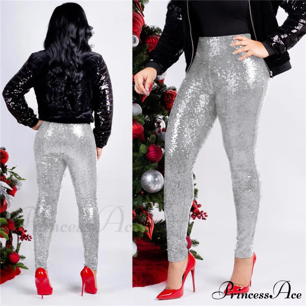 Rose Gold Sequin Slim Shiny Skinny Pencil Pants Silver / S