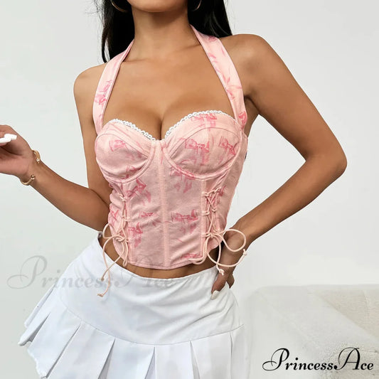 Rose Halter-neck Patterned Bandage Sleeveless Crop Top Pink / S croptop-250126