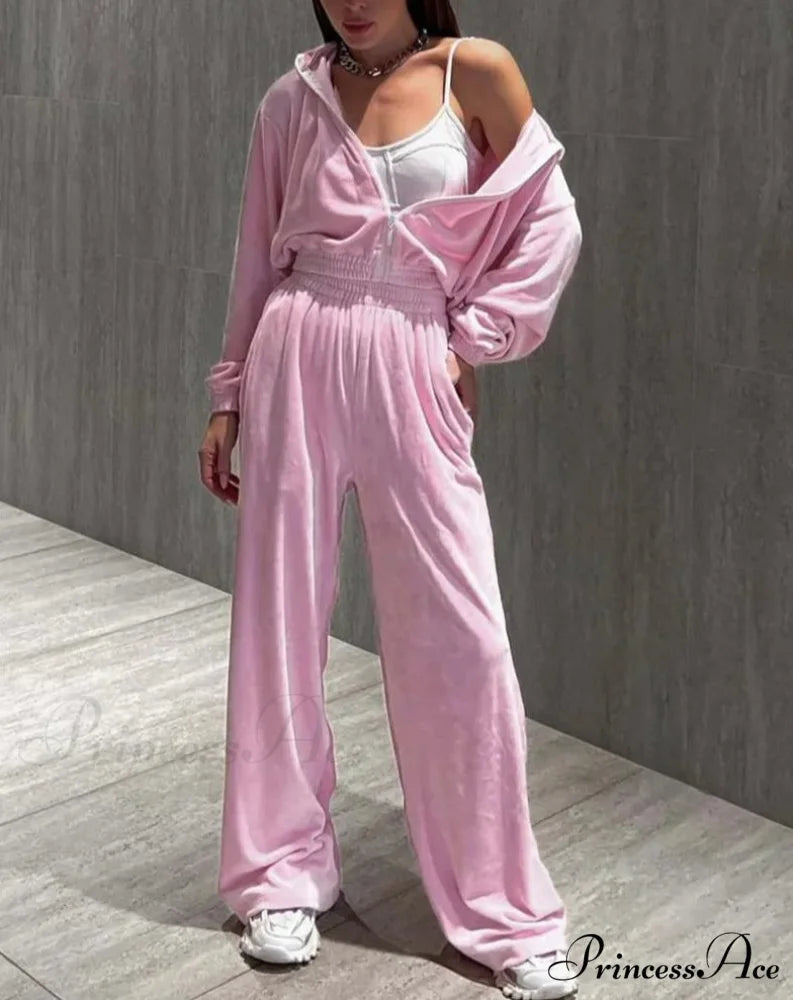 Rose Knitting Zipper Straight Pants Work Two Piece Set officetwopieceset-250223