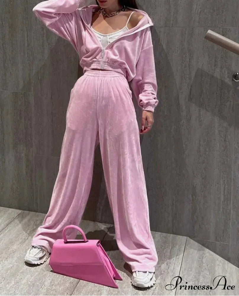 Rose Knitting Zipper Straight Pants Work Two Piece Set officetwopieceset-250223