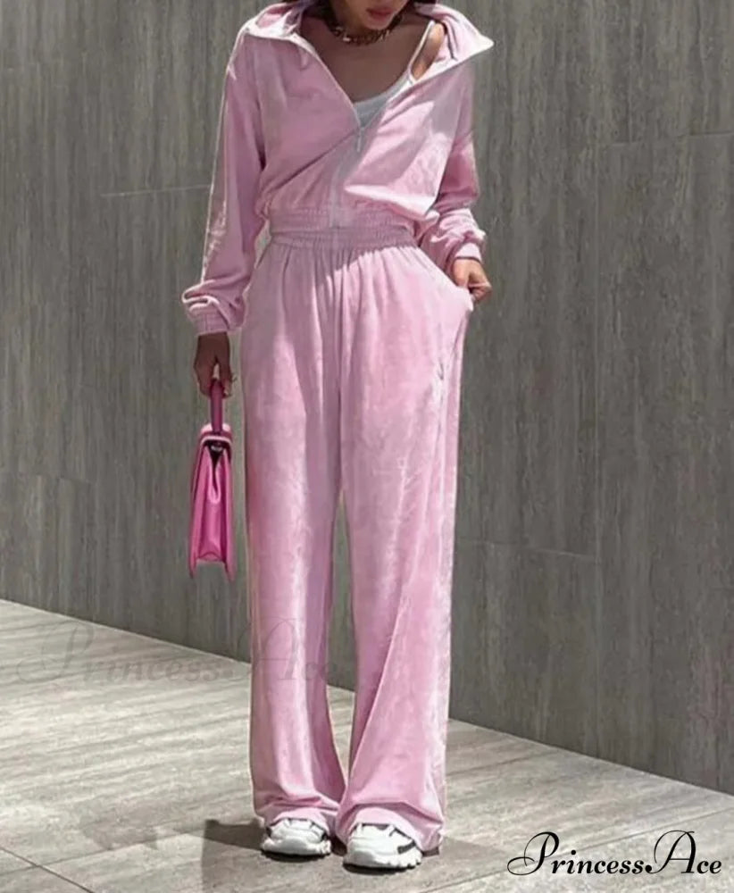 Rose Knitting Zipper Straight Pants Work Two Piece Set Pink / S officetwopieceset-250223