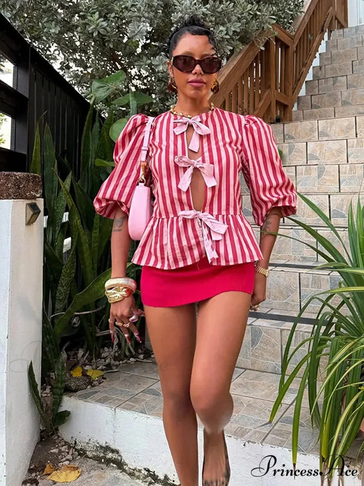 Rose Line Ribbon Lace Up Brief Blouse blouse-250223