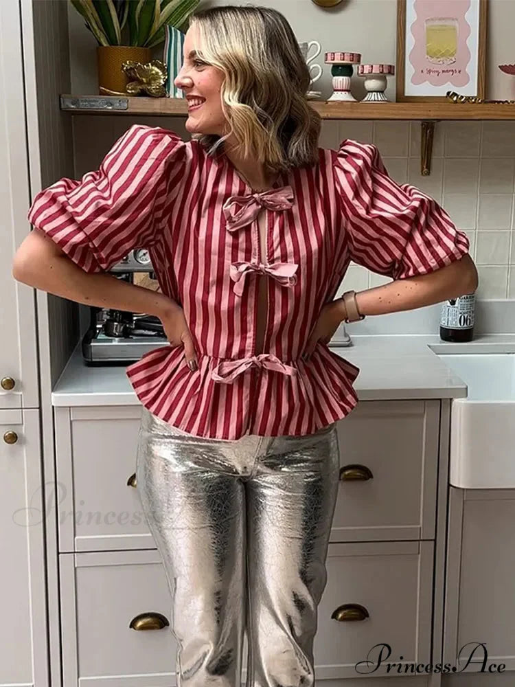 Rose Line Ribbon Lace Up Brief Blouse blouse-250223