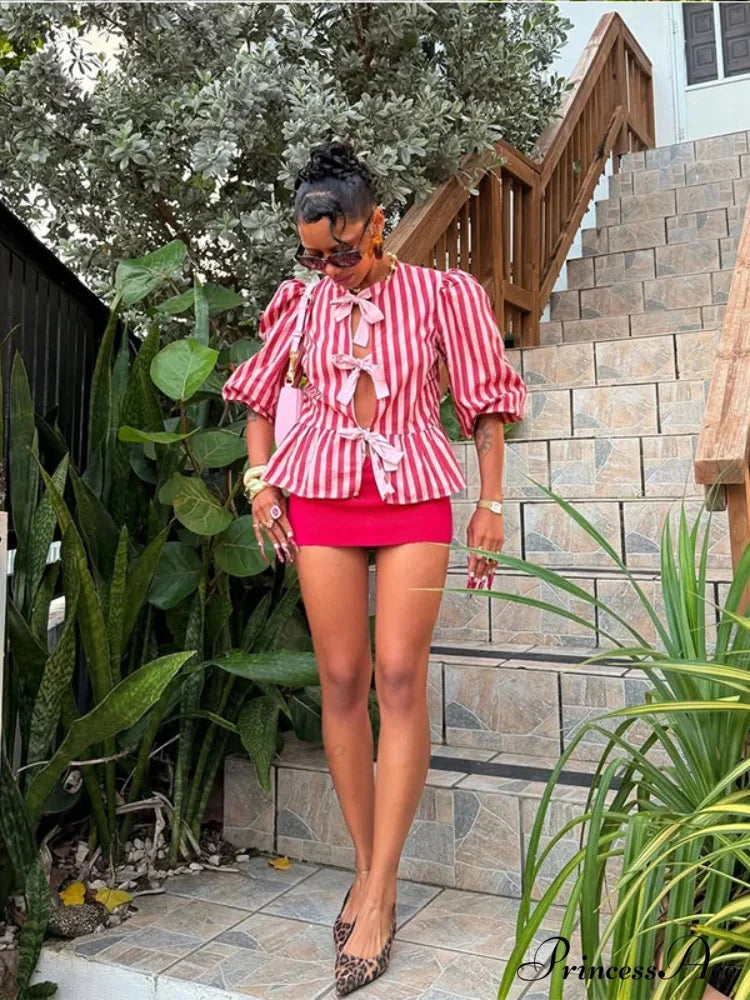 Rose Line Ribbon Lace Up Brief Blouse blouse-250223