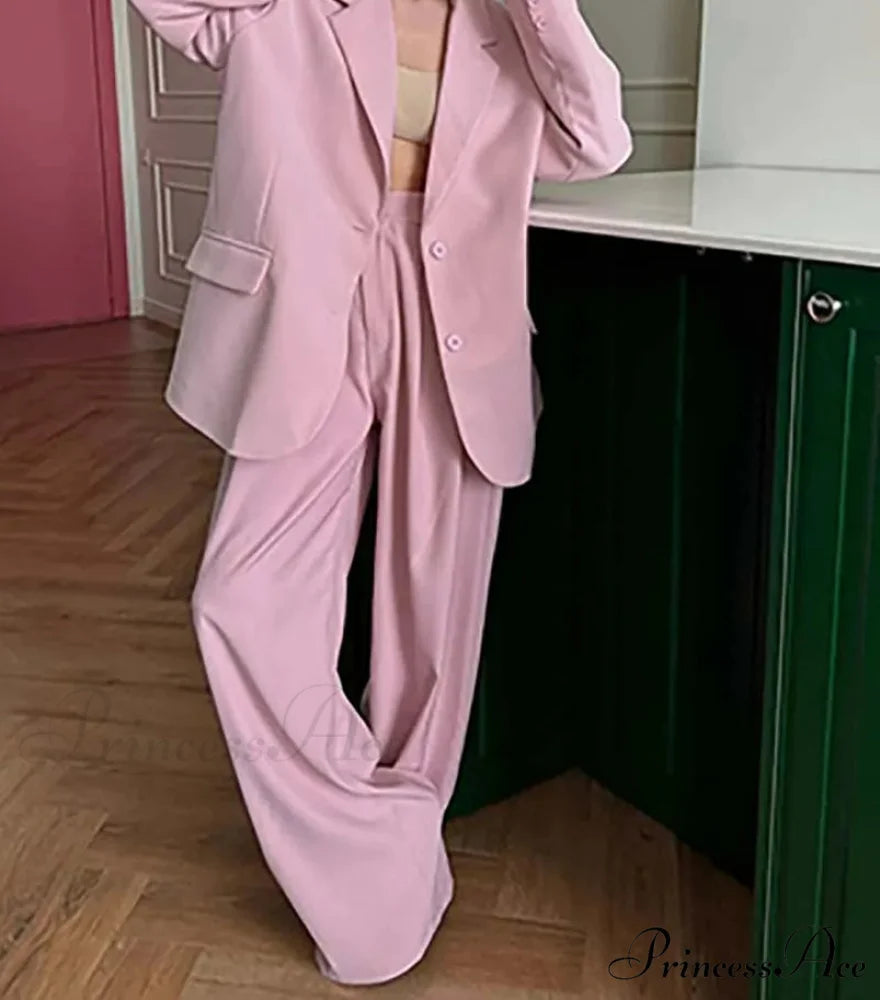 Rose Pockets Jacket Straight Pants Office Two Piece Set Pink / S officetwopieceset-250223