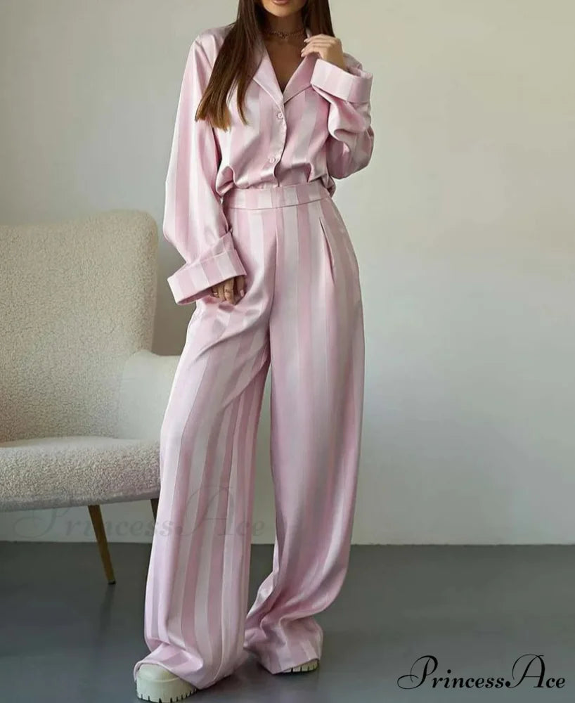 Rose Print Collar Full Trousers Workplace Two Piece Set Pink / S officetwopieceset-250223