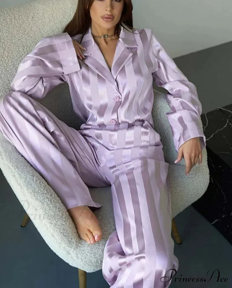 Rose Print Collar Full Trousers Workplace Two Piece Set PURPLE / S officetwopieceset-250223