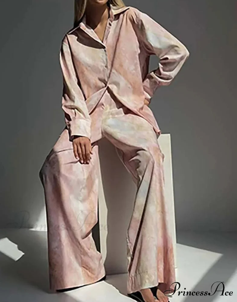 Rose Print Lapel Drawstring Pants Workplace Two Piece Set officetwopieceset-250223