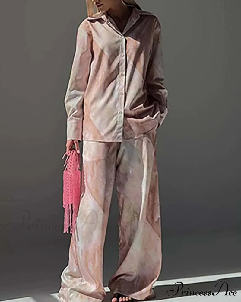 Rose Print Lapel Drawstring Pants Workplace Two Piece Set Pink / S officetwopieceset-250223