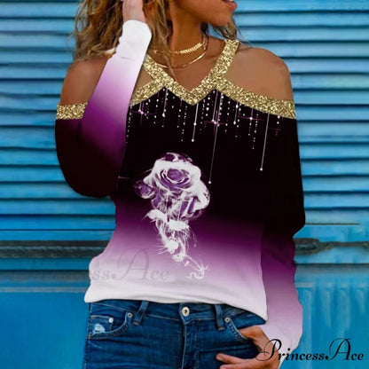 Rose Print Shiny Sequin Cold Shoulder Party Club Shirt