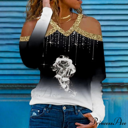 Rose Print Shiny Sequin Cold Shoulder Party Club Shirt