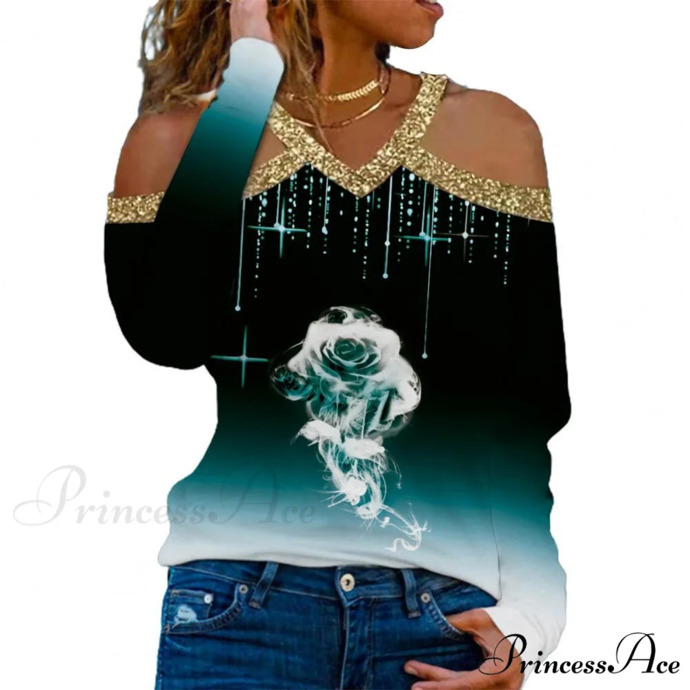 Rose Print Shiny Sequin Cold Shoulder Party Club Shirt Green / M