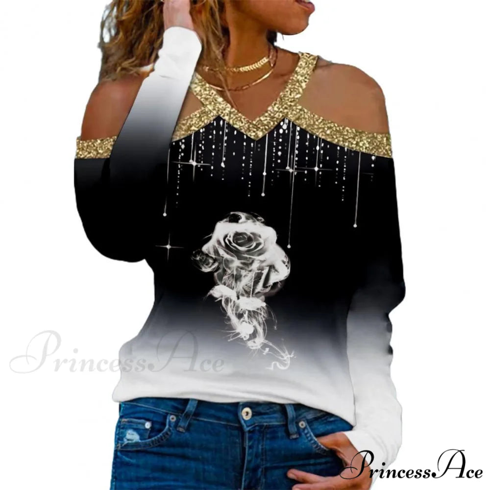 Rose Print Shiny Sequin Cold Shoulder Party Club Shirt Grey / M