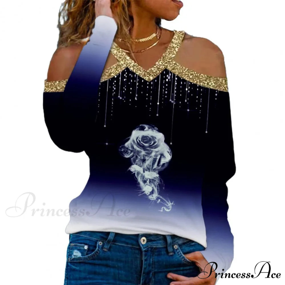 Rose Print Shiny Sequin Cold Shoulder Party Club Shirt Navy Blue / M