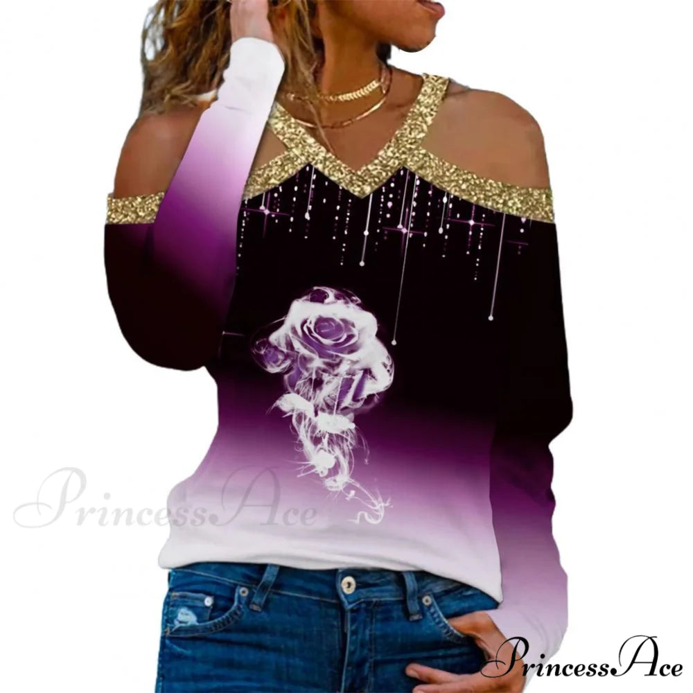 Rose Print Shiny Sequin Cold Shoulder Party Club Shirt Purple / M